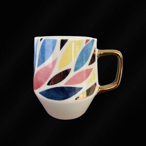 Oversized Coffee Mug Gold Handle Colorful Geometric Leaves Ceramic 25 oz.